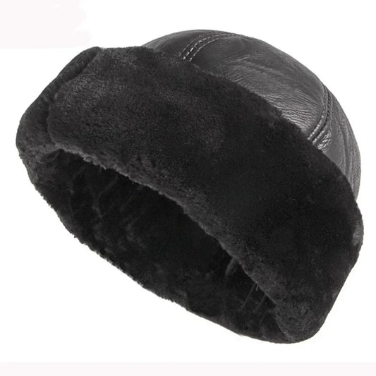 Thick Outdoor Warm Winter Hat Men Black Fur Leather Russian Male Windproof Snow Ski Cap Fleece Lined