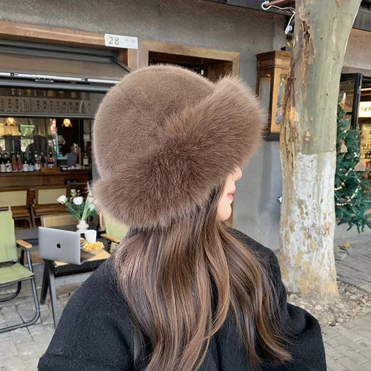 New Women'S Fashion Fur Cap Fur Hat Autumn and Winter Fur Hats Mongolian Hat Brimless Plush Fluffy Skiing Riding Warm Caps